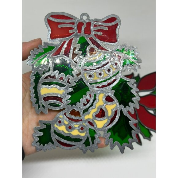 VTG Stained Glass Tiffany Style Sun Catcher Poinsettia Holly & Ornament USA ‘82 - Picture 4 of 6
